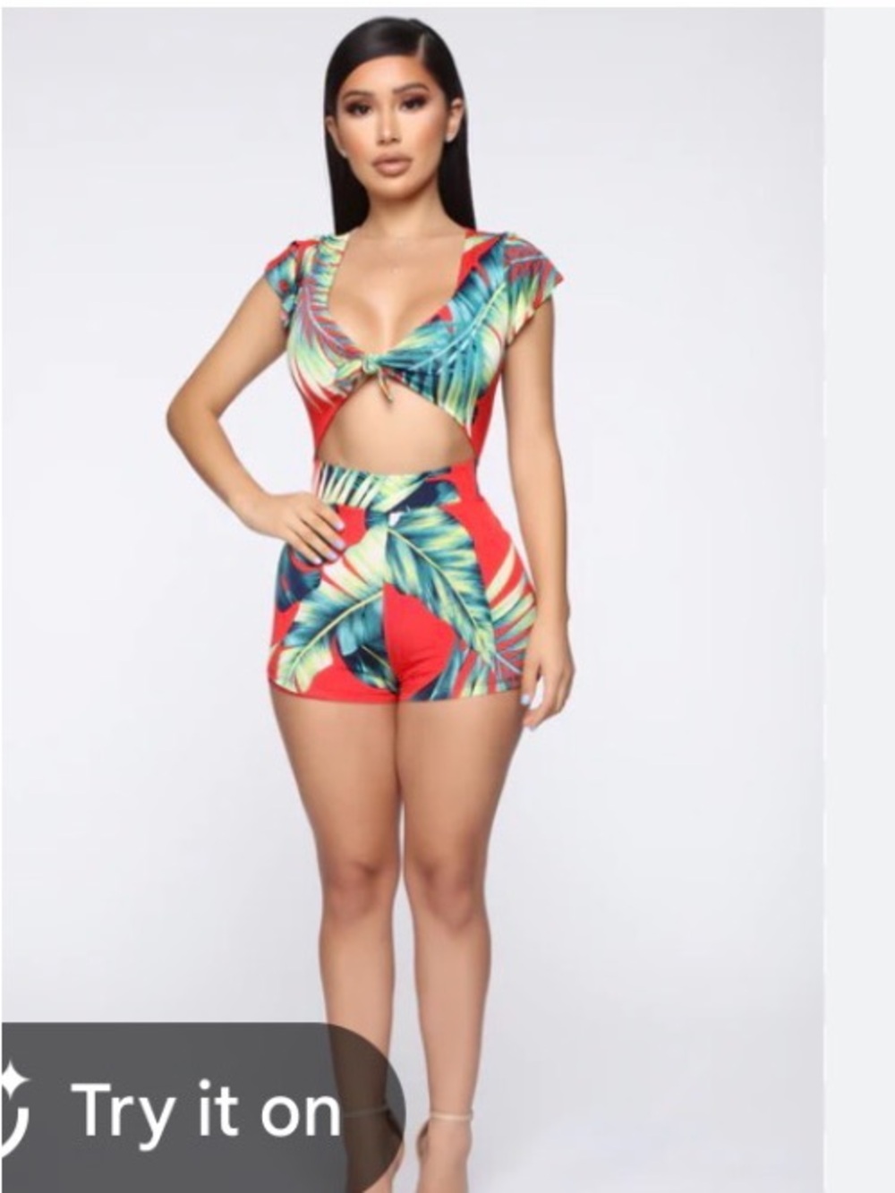 Fashion Nova Red Tropical Leaf Cutout Romper